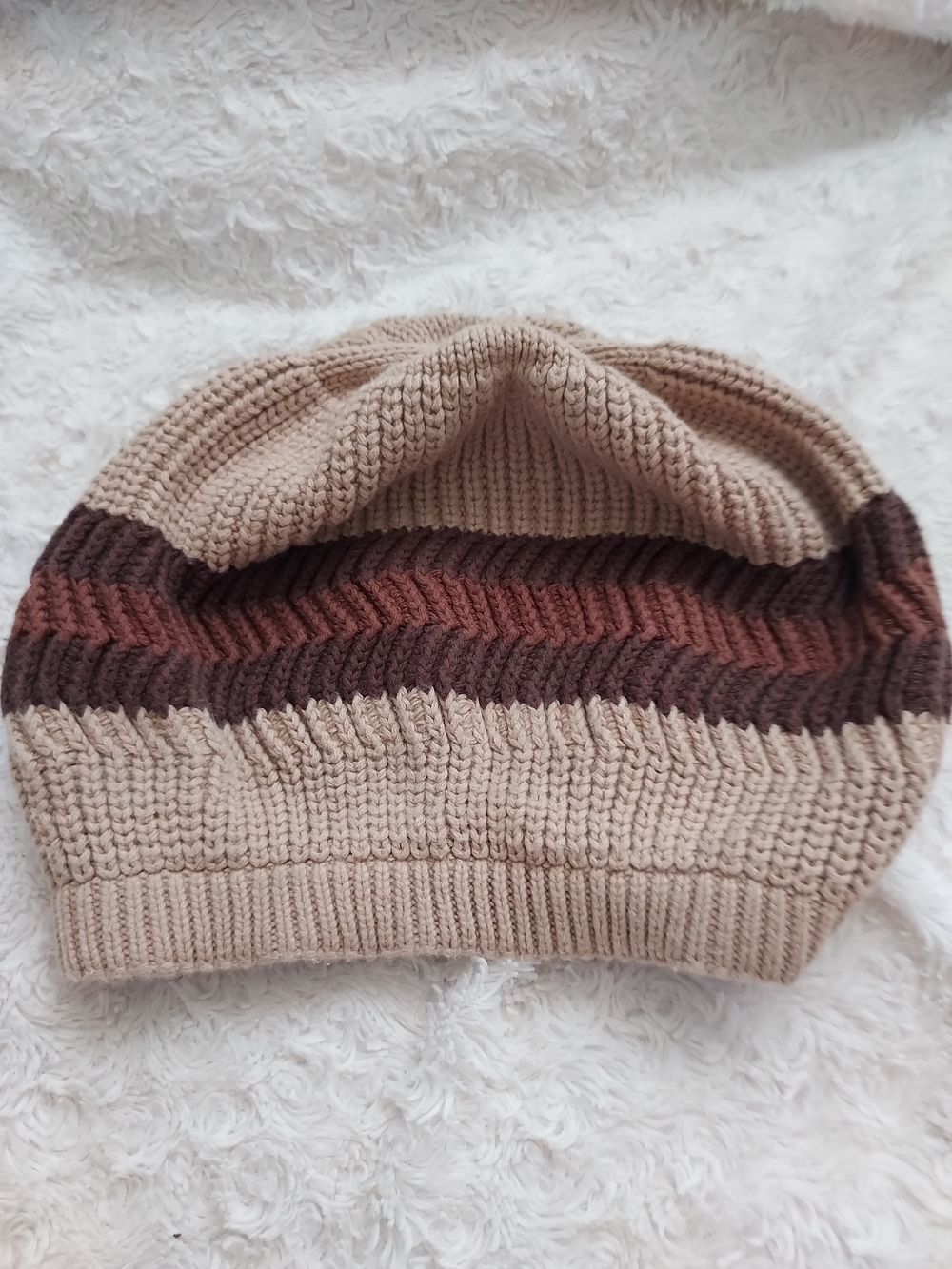 Beige & Brown Knit 100% Cotton Slouch Fashion Beanie Hat Winter Academia Stylish